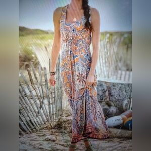 SUNDANCE *NEW* HONEY & WINE MAXI PAISLEY ORANGE BLUE SUNDRESS SIZE Med